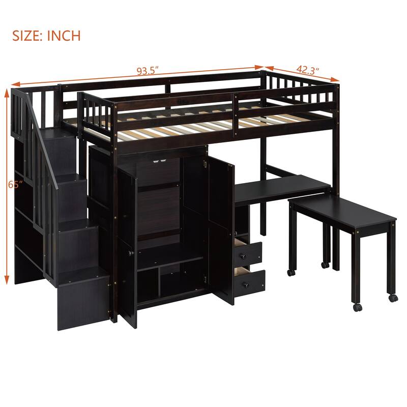 Space-Saving Twin Loft Bed with Stairs, Bookshelf, Drawers, Desk & Wardrobe for Kids & Teens