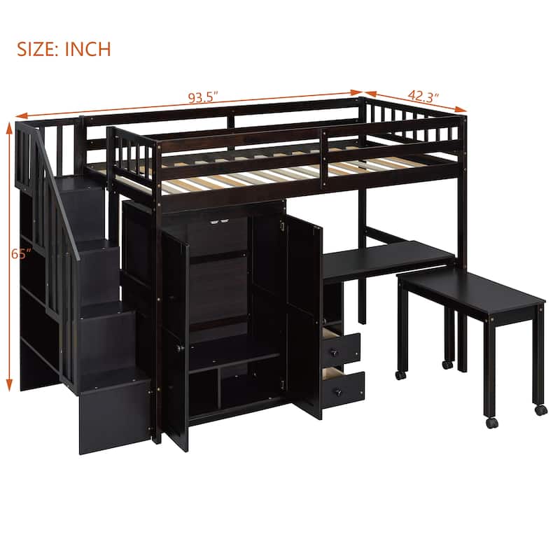 Twin/Full Size Loft Bed with Desk, Wardrobe, Drawers & Stairs, Wood Frame Study Bed with Storage for Kids/Teens