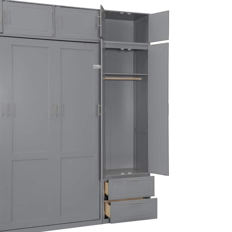 Queen Size Wall Murphy Bed with Top Cabinet, Shelves, and Side Wardrobe
