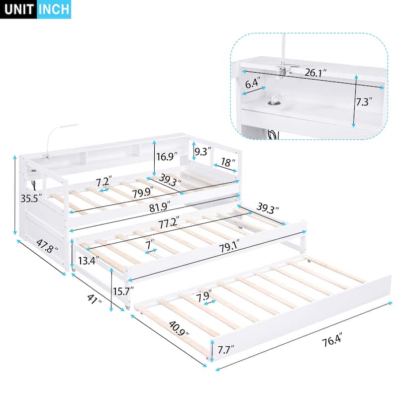 Twin XL Wood Daybed with 2 Trundles and USB Charging Design