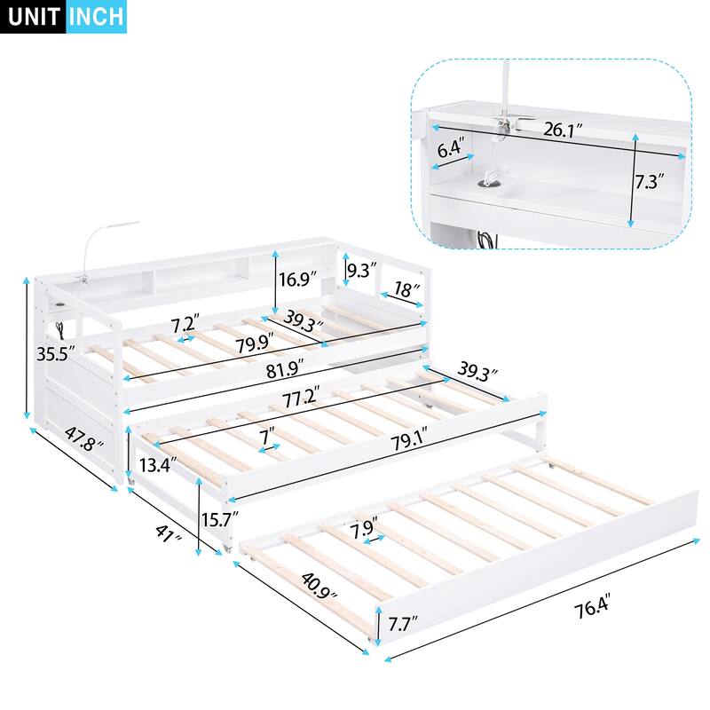 Twin XL Wood Daybed with Trundles, Storage, USB Charging, and Light, White