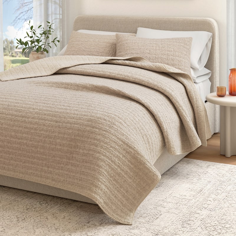 Linery & Co. 100% Cotton Honeycomb Waffle Garment Washed Quilt Set. - Cappuccino - King