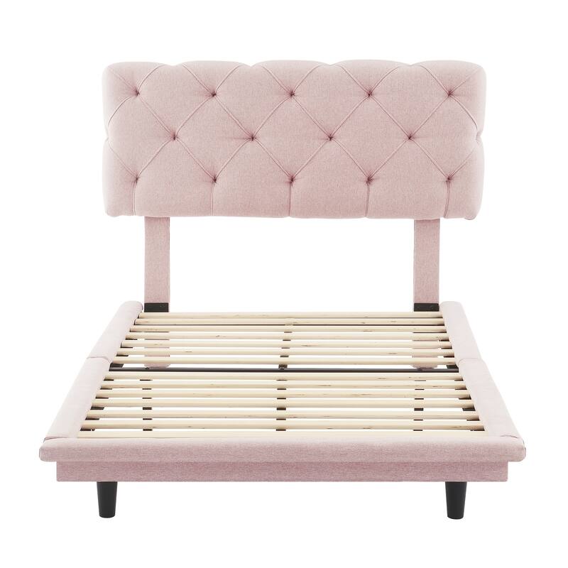 Twin Size Upholstered Bed with Light Stripe, Floating Platform Bed, Linen Fabric Bed Bath