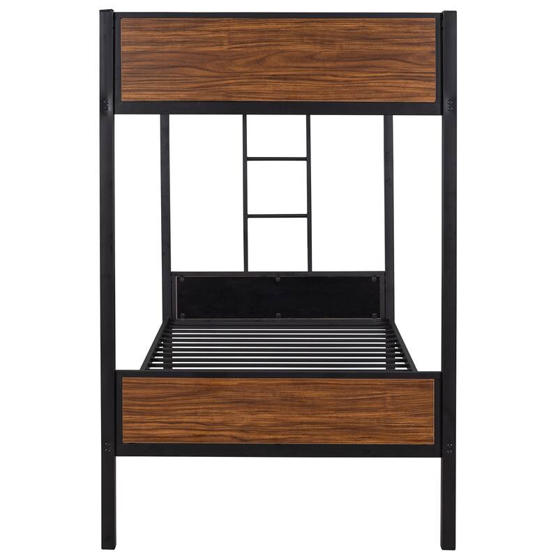 Twin/Full Size Bunk Bed with Steel Frame, Safety Rail, and Built-In Ladder, Space-Saving Design for Kids and Adults