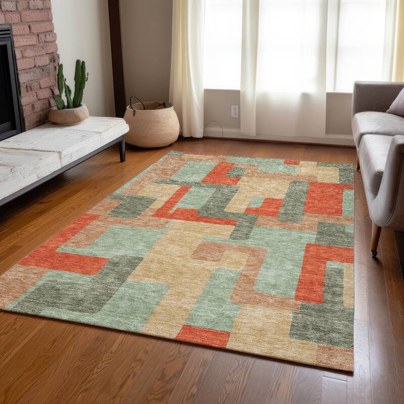 Machine Washable Indoor/ Outdoor Contempoary Blocks Chantille Rug