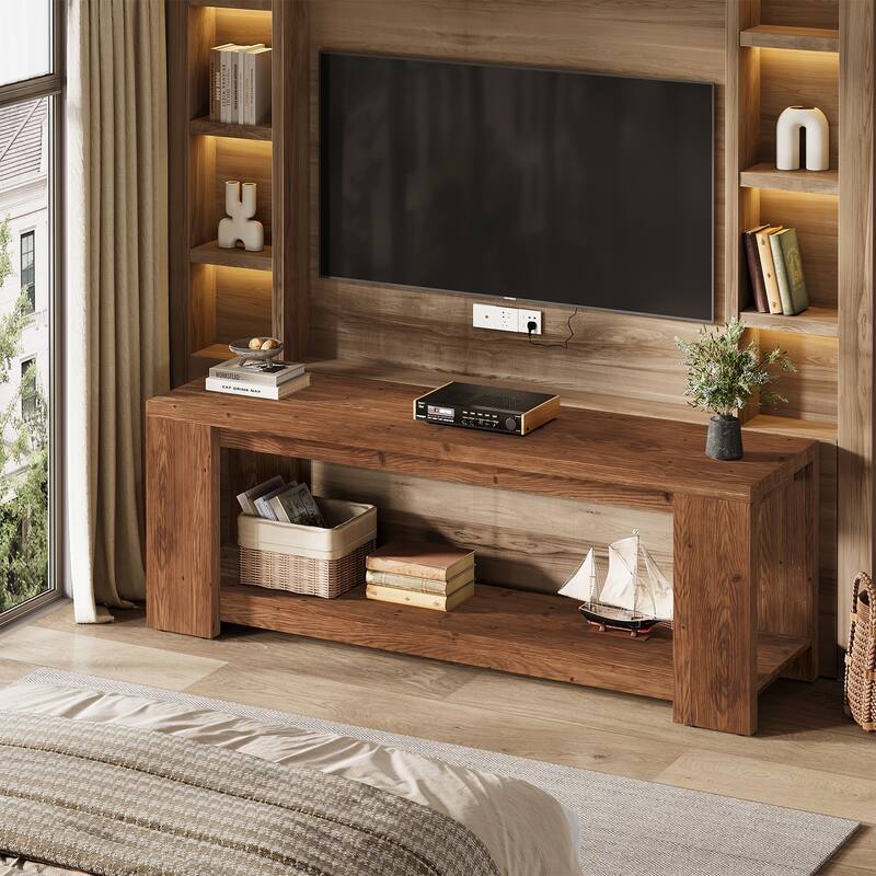 Solid Wood TV Stand, Media Console with Open Shelves, TV Entertainment Center Living Room Bedroom Accent Television Stand