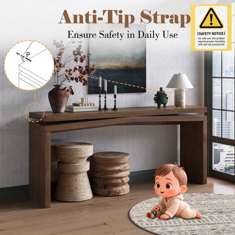 65-Inch Solid Wood Veneer Console Table, Long Farmhouse Entryway Sofa Table for Living Room, Hallway, Behind Couch