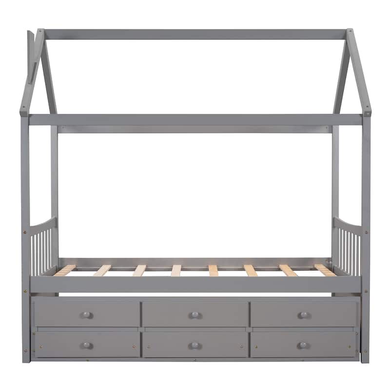 Twin Wooden House Bed with Pull-Out Trundle and Additional Drawers