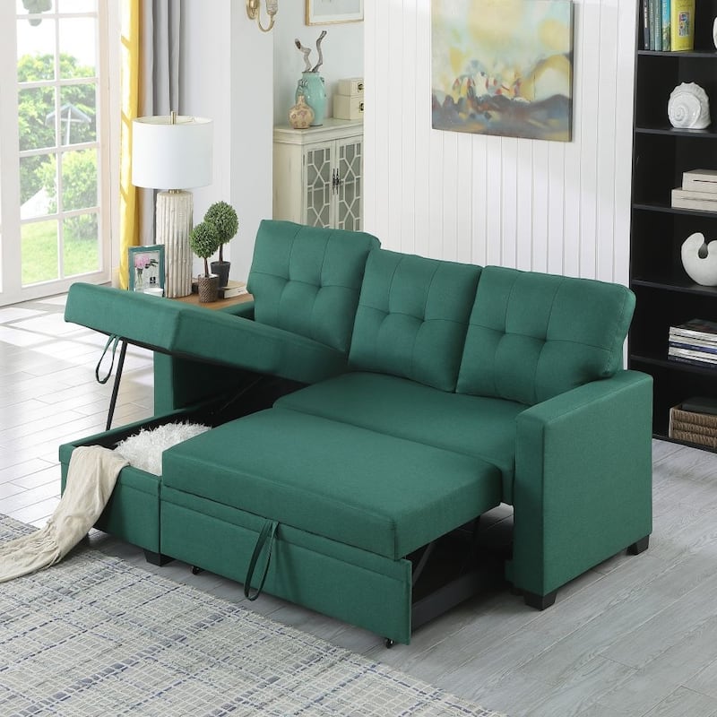 Upholstered Pull Out Sectional Sofa with Chaise - Green