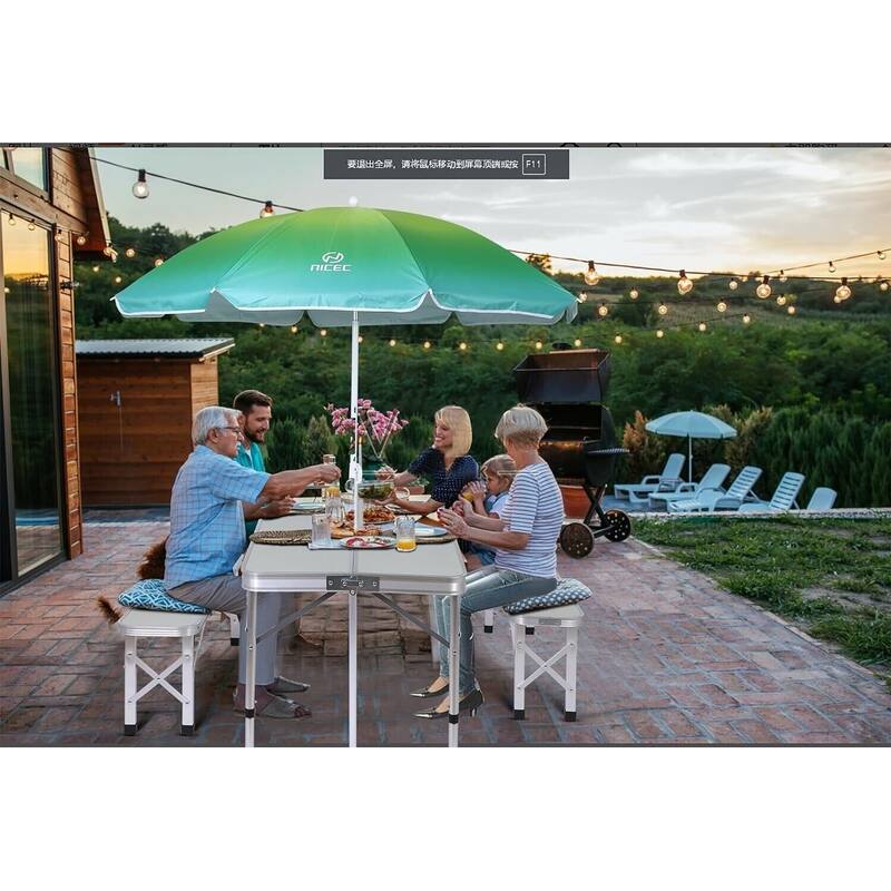 Folding Picnic Table with Umbrella and two Benches for Backyard, Patio, and Outdoor Parties