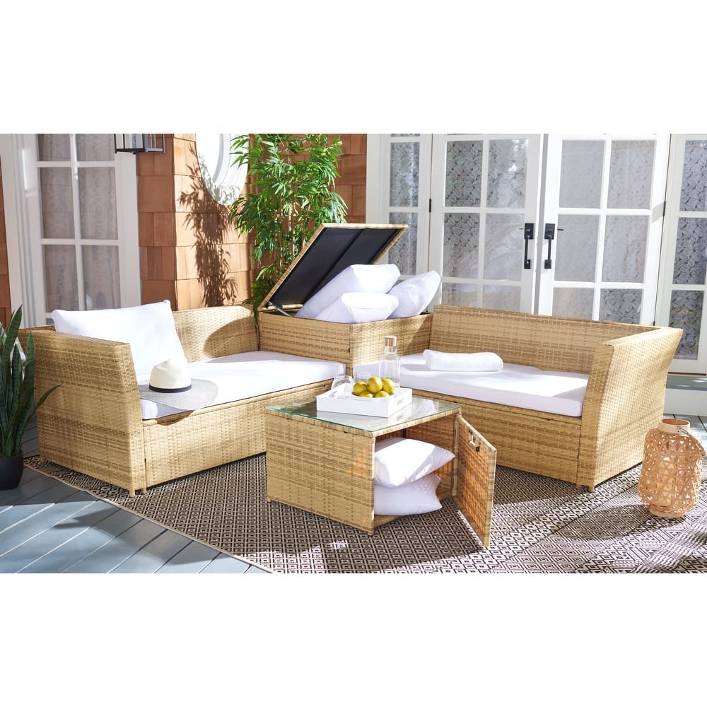 SAFAVIEH Outdoor Patio Furniture Helga 4-Piece Conversation Set with Storage - 57"W x 31"D x 26"H