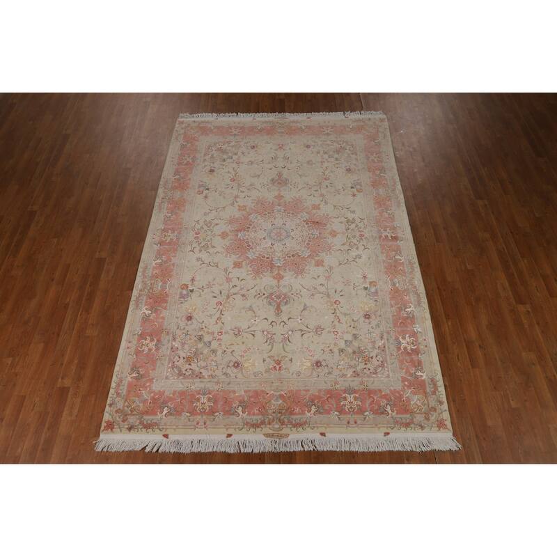 Floral Vegetable Dye Signed Tabriz Persian Rug Handmade Wool Carpet - 6'6"x 9'9"