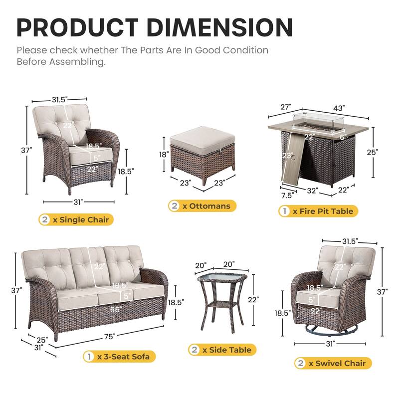 Gymojoy Outdoor Wicker Patio Furniture Sofa Set with 55,000 BTU Fire Pit Table, Swivel Chairs & Thick Cushions