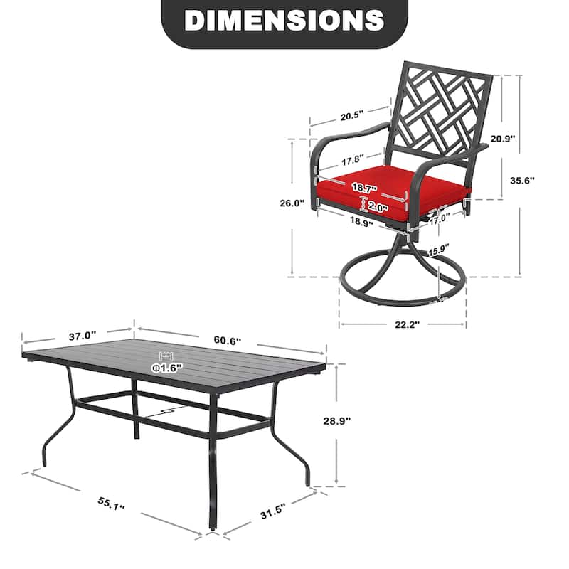 7PCS Metal Patio Dining Set with Umbrella Hole, Swivel Chairs with Cushions