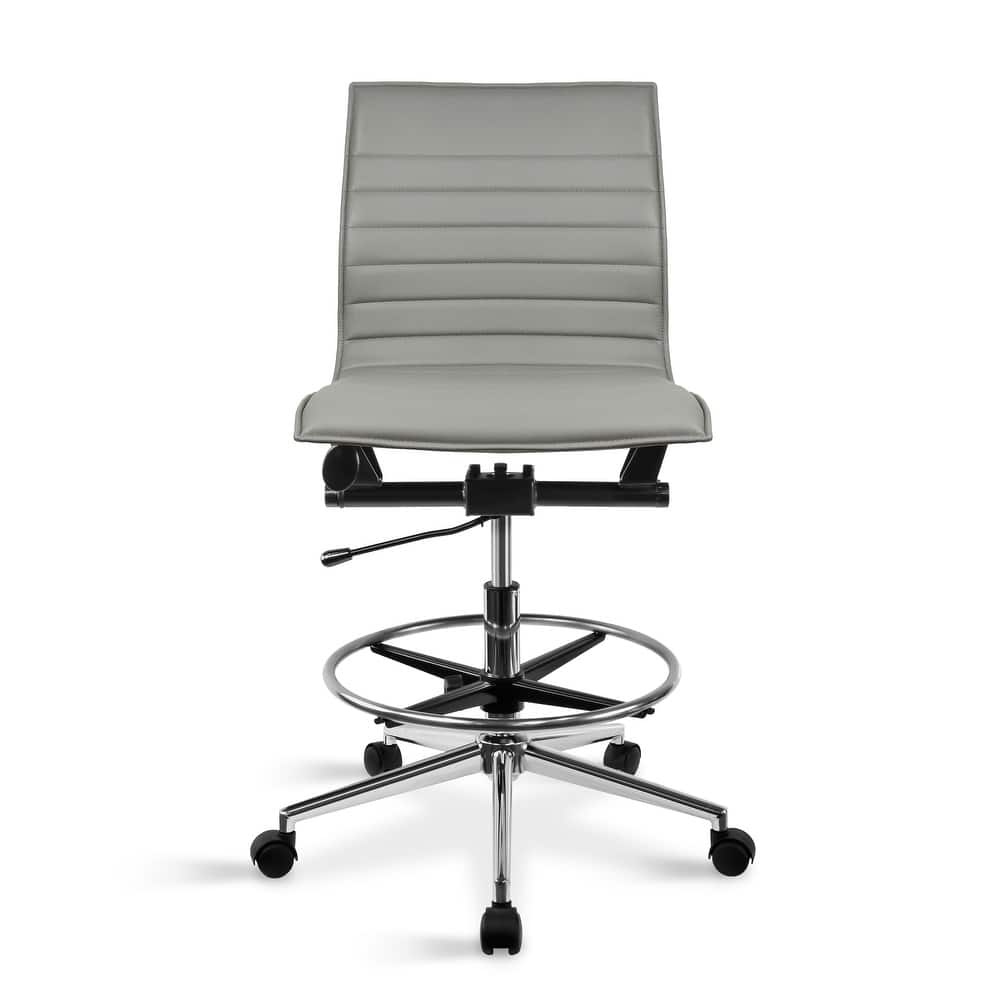 Modern Drafting Chair Upholstered PU Leather Ribbed Armless Mid Back with Tall Adjustable Base & Leg Rest