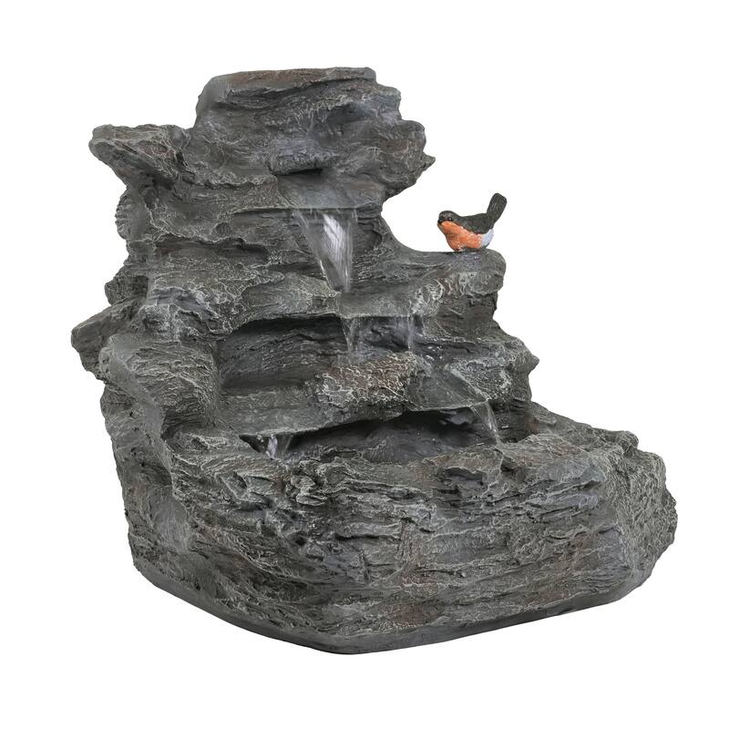 Christopher Knight Home - Hailey 4-Tiered Concrete Rock Waterfall Fountain Outdoor Garden Decor with LED Lights