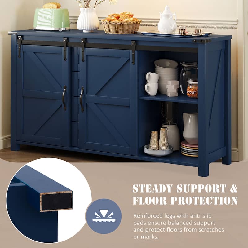 Sideboard with Sliding Barn Doors & 4 Storage Drawers, Wood Buffet Cabinet Table with Power Outlet & Adjustable Shelves
