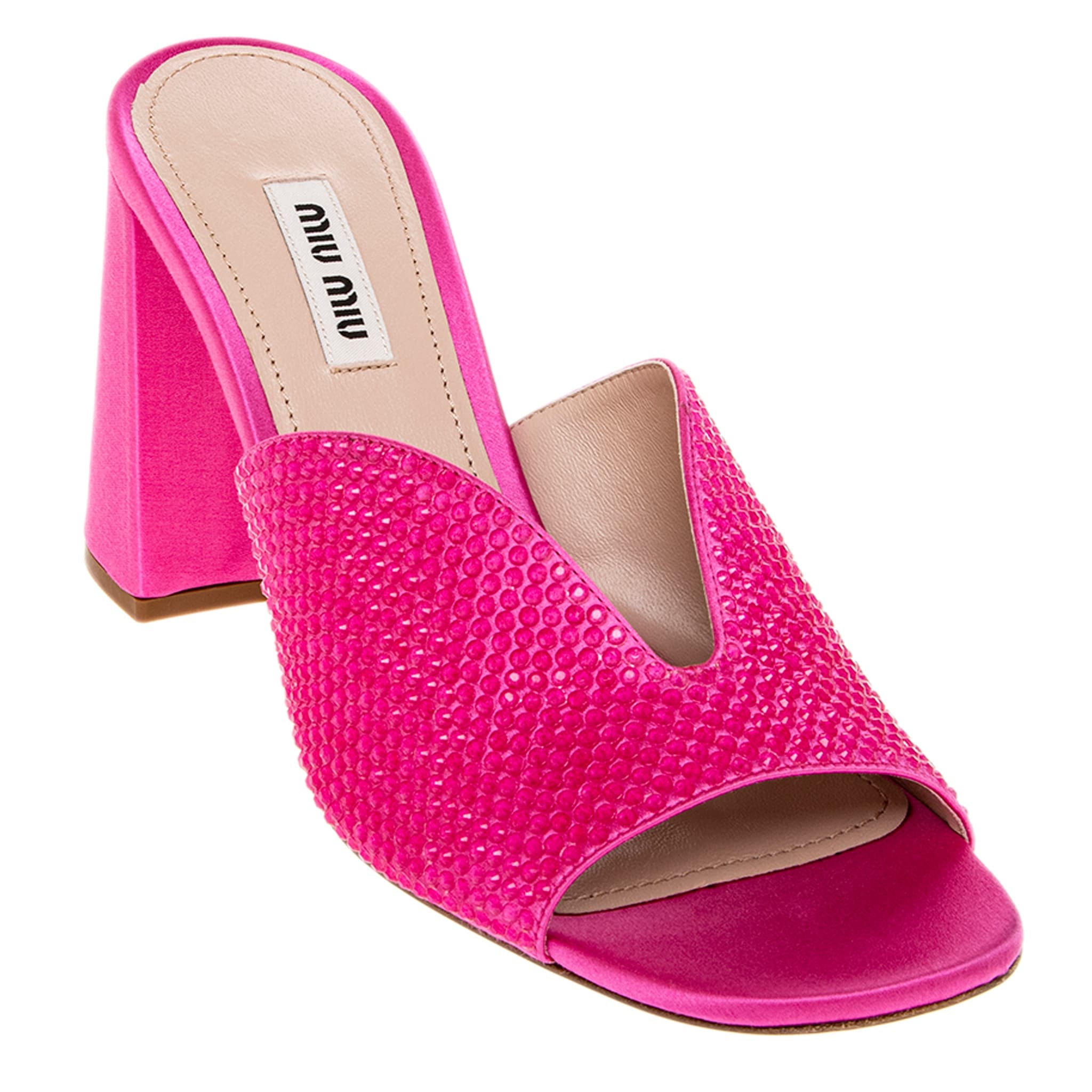 Miu Miu Crystal Embellished Satin Mules