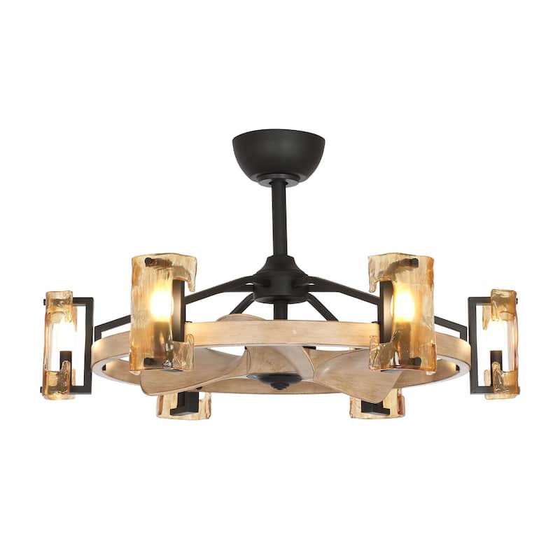 34" Indoor Wood Downrod Mount Chandelier Ceiling Fan with Light and Remote Control, Dimmable - Fan Blade Length (In.) 14