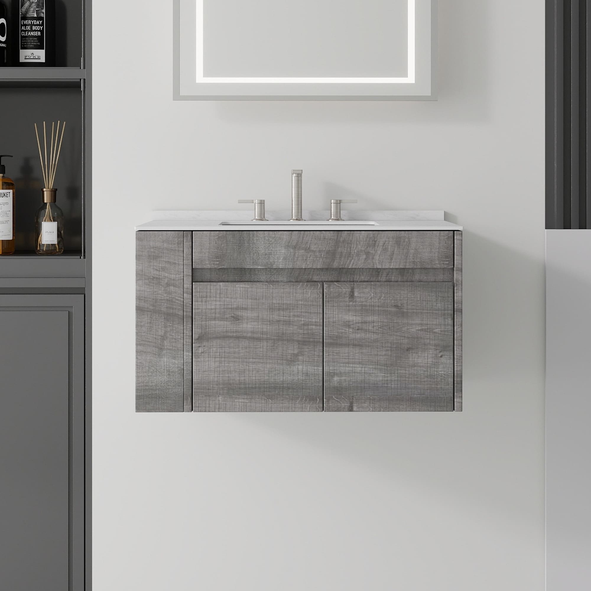 Open Restroom 30-inch Floating Bathroom Vanity with Cultured Marble Sink, 2 Soft ...