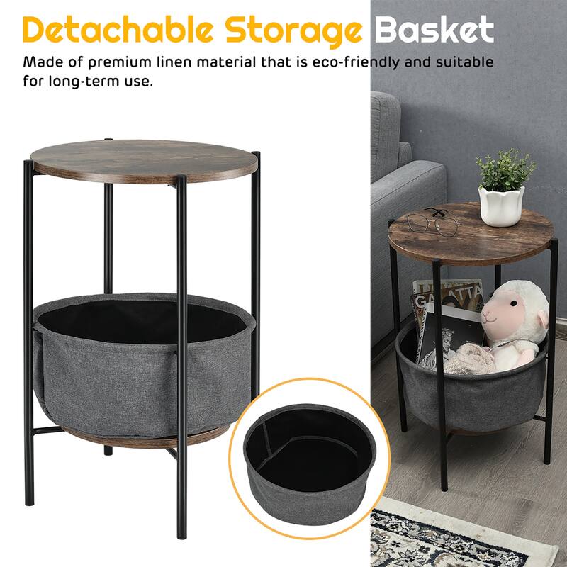 Costway Industrial Round End Side Table Sofa Coffee Table w/ Storage - As Picture Show - See Details