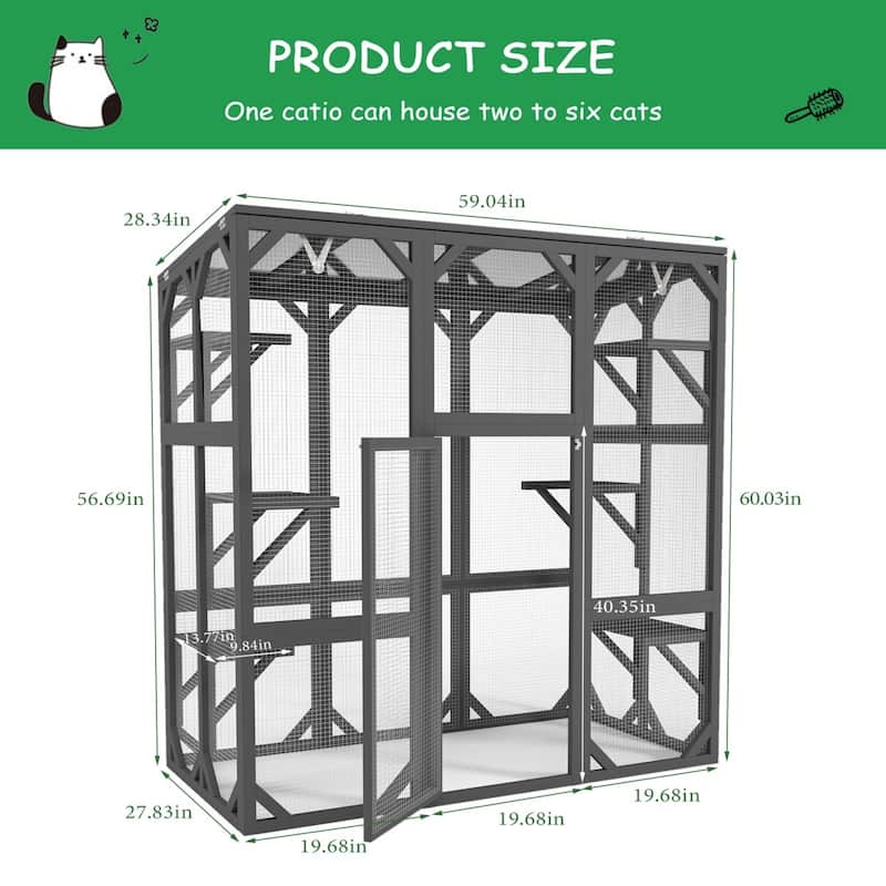 60" Wooden Outdoor Catio Cat Enclosure with Roof & Platforms for Cats
