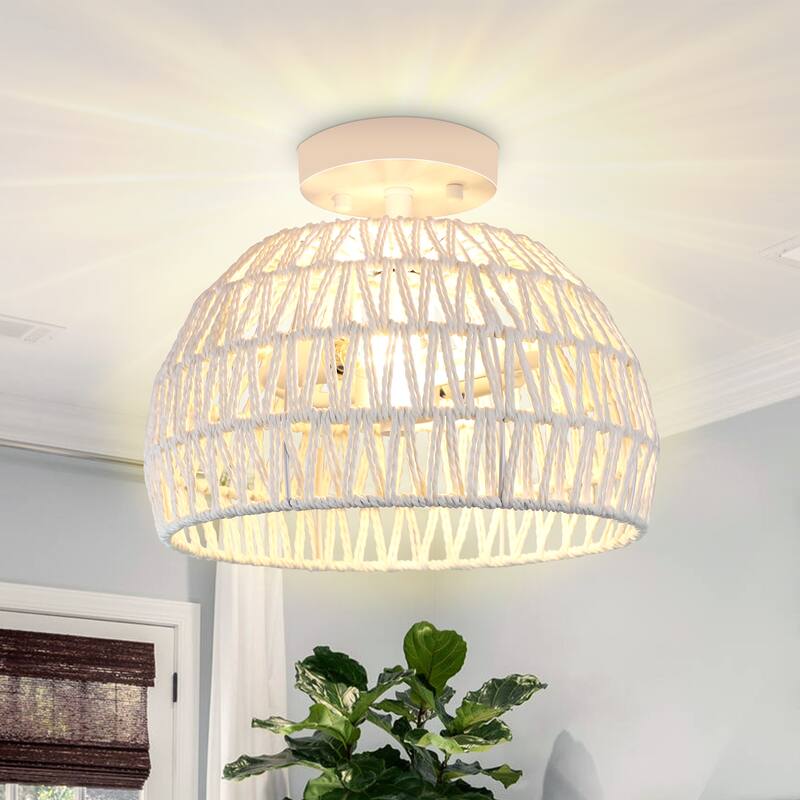 Semi Flush Mount Rattan Light Fixture Woven Ceiling Light Fixture