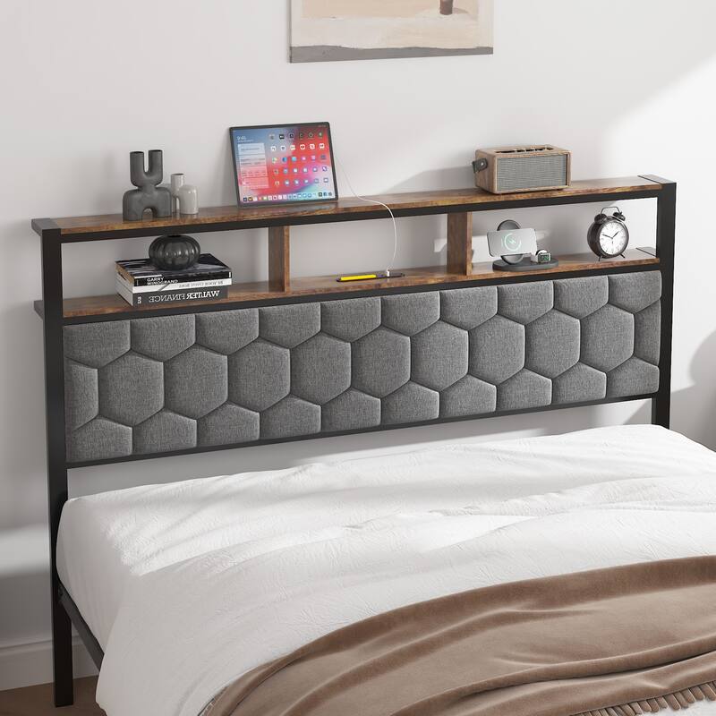 Roomfitters Wood Platform Bed Frame with Upholstered Headboard, Charging Station, No Box Spring Needed, Brown