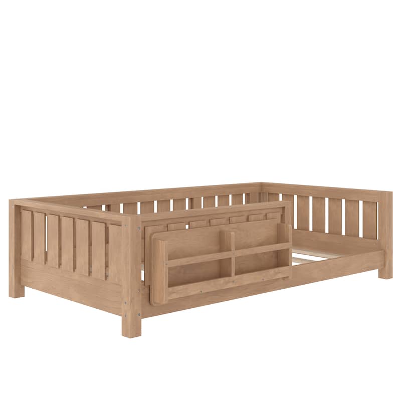 Low Profile Montessori Bed Floor Platform Bed with Fence and Bookshelf