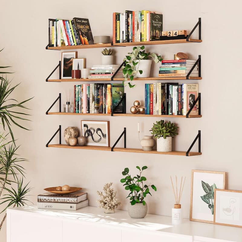 Wallniture Bora 54" x 6" Floating Shelves for Living Room, Rustic Bookshelves, Office Decor Shelves, Wall Mounted, Burnt, 2 Pcs - Brown