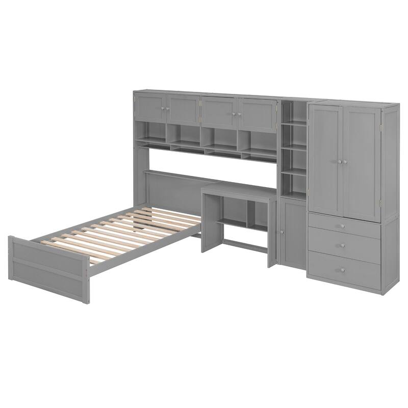 Roomfitters Wooden Twin Size Platform Bed with Integrated Desk, Wardrobe, and Multi-Level Storage Cabinets, LED Lighting