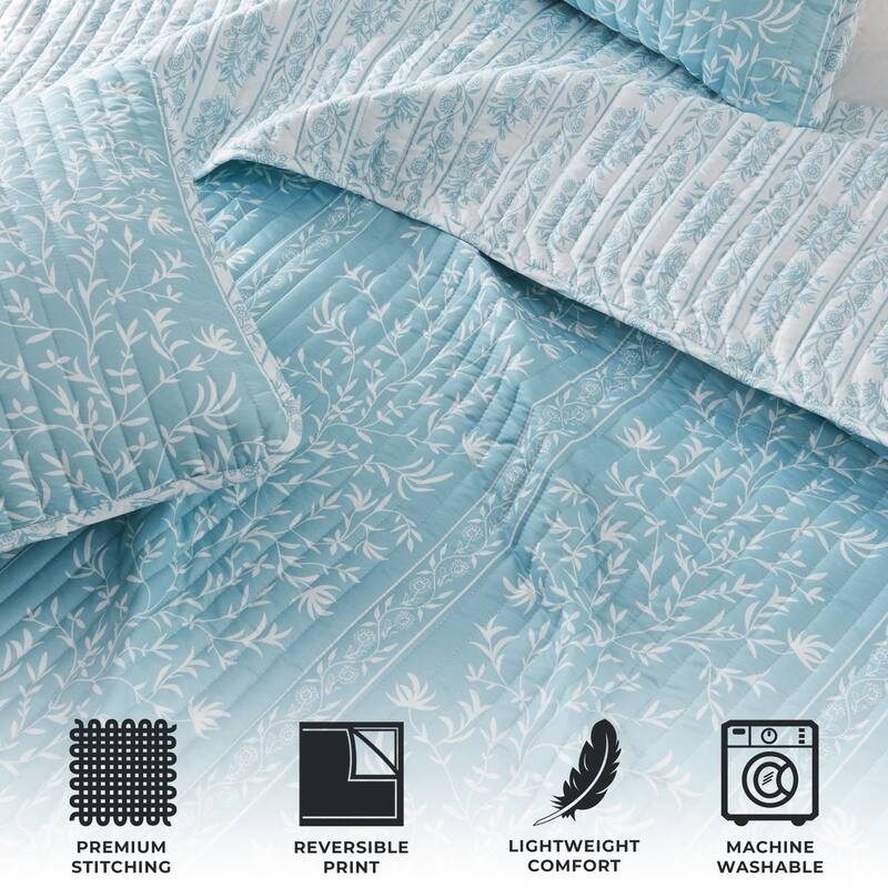 Premium Floral Striped Microfiber Quilt Set With Shams