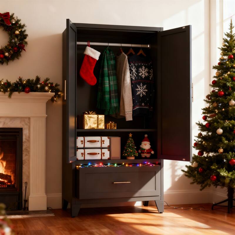 Metal Wardrobe Cabinet with 1 Drawer and Hanging Rod, 2 Doors Wardrobe Closet