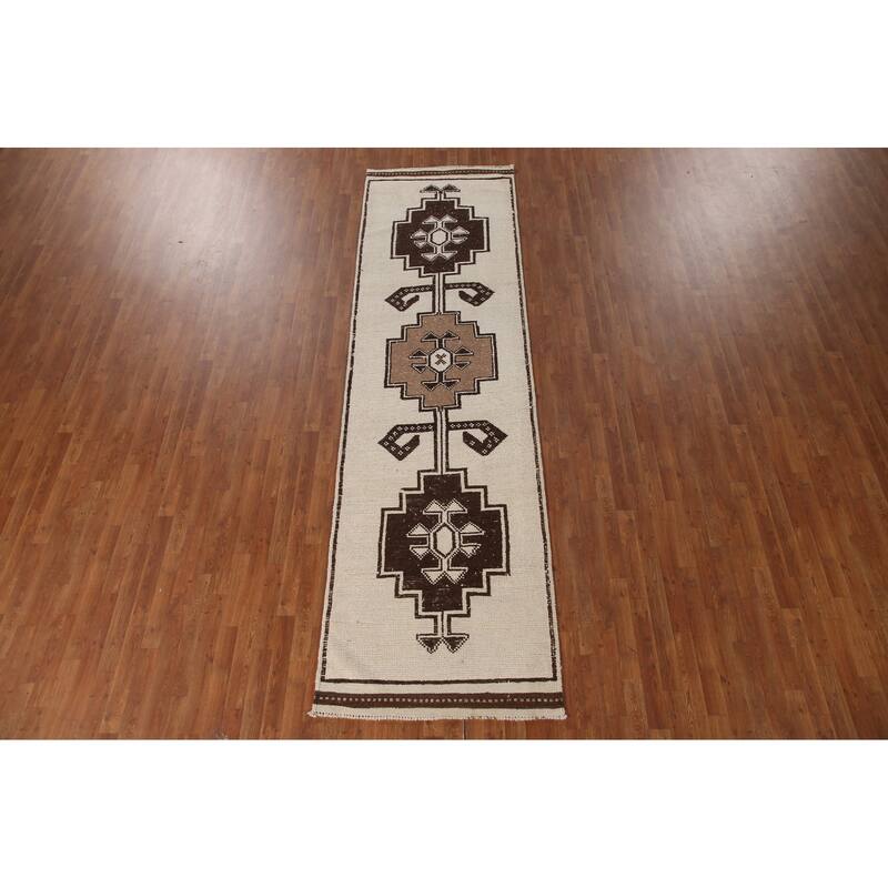 Anatolian Turkish Runner Rug Handmade Beige Tribal Wool Carpet - 3'5"x 12'3"