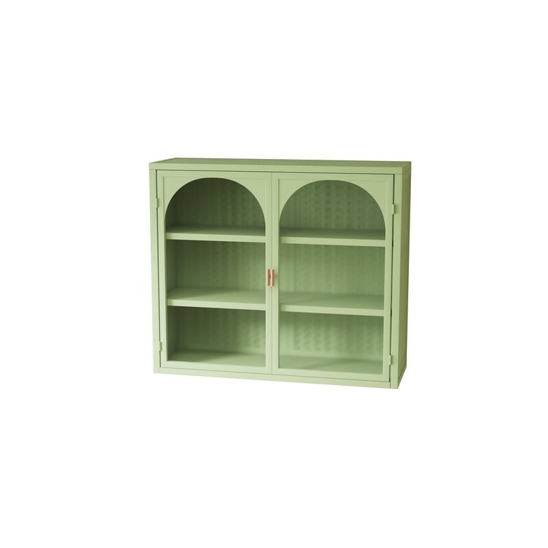 Green Wall Cabinet Buffet Sideboard with 3-tier Storage & Glass Door, Wall Storage Cabinet with Characteristic Woven Pattern