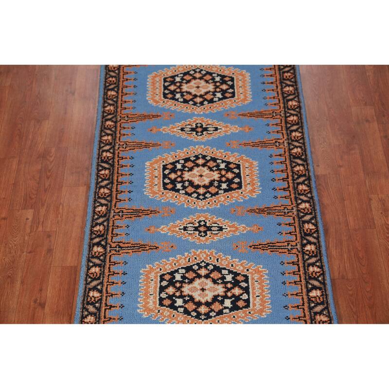 Blue Geometric Viss Oriental Runner Rug Hand-Knotted Wool Carpet - 2'6" x 9'8"