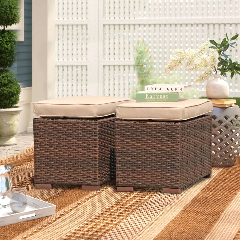 Outdoor Cushioned Wicker Ottomans (Set of 2) - Beige