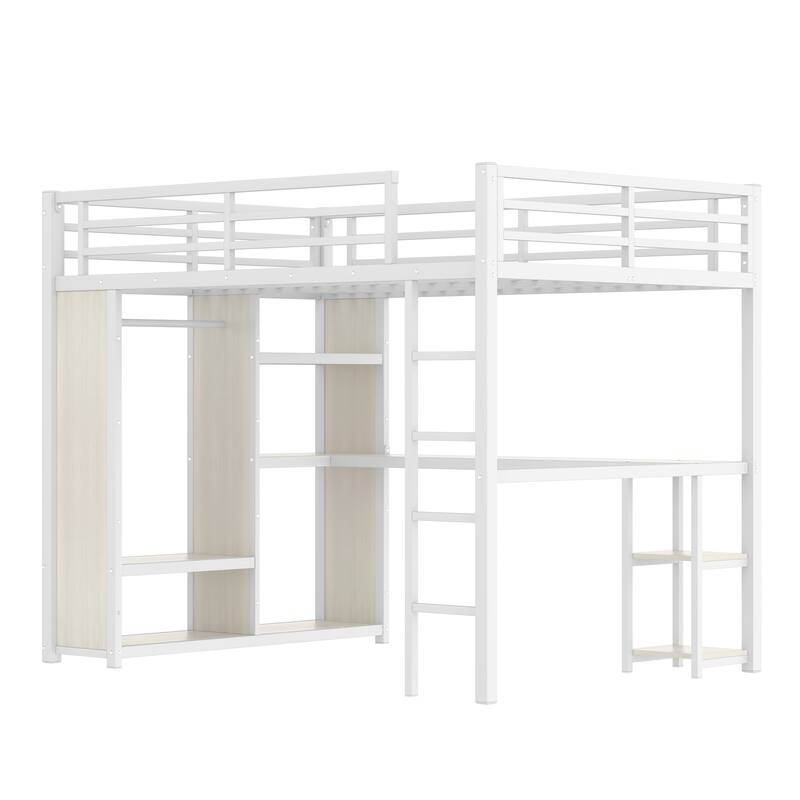 Queen Size Loft Bed with Wardrobe, Desk, and Storage Shelves in White Wood-grain Finish