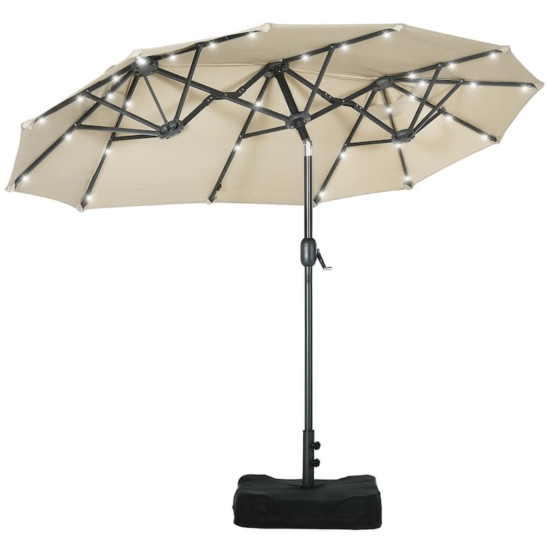 Outsunny Double-sided Patio Umbrella with Solar Lights and Sandbag Base, Outdoor Table Umbrella with Push Button Tilt, Crank