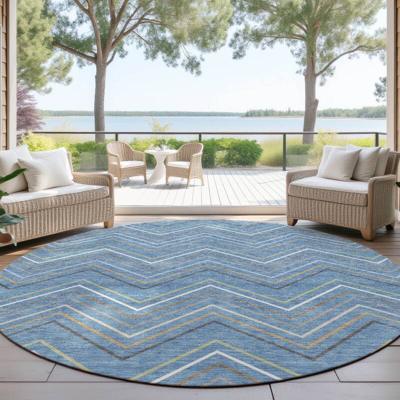 Machine Washable Indoor/ Outdoor Modern Chevron Chantille Rug - Blue - 8' x 8'