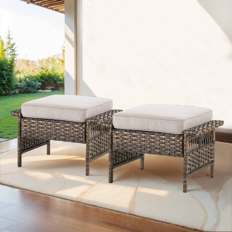 Outside Wicker Ottoman Footstools Set - Brwon Wicker Beige Cushion - 2PCS Ottomans
