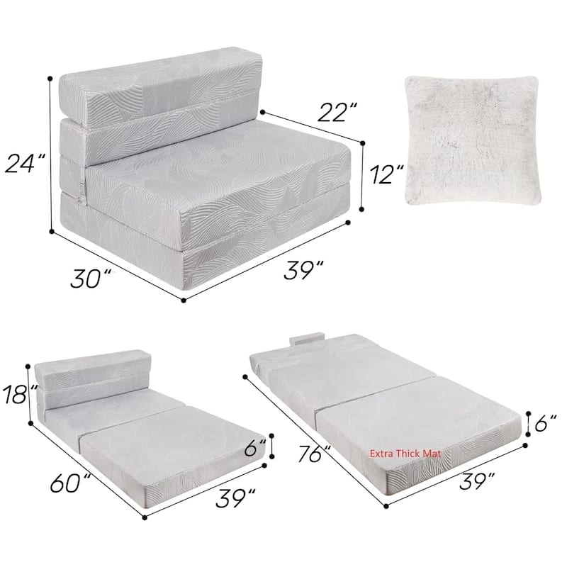 Tri Folding Sofa Mattress, High-Density Memory Foam Sofa Bed with a Fluffy Pillow, Futon Floor Couch Guest Bed, Twin Size, Grey