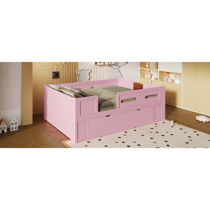 Roomfitters Full/Twin Size Wood Platform Bed with Underbed Storage Drawer and Safety Guardrails, Modern Low Loft Frame