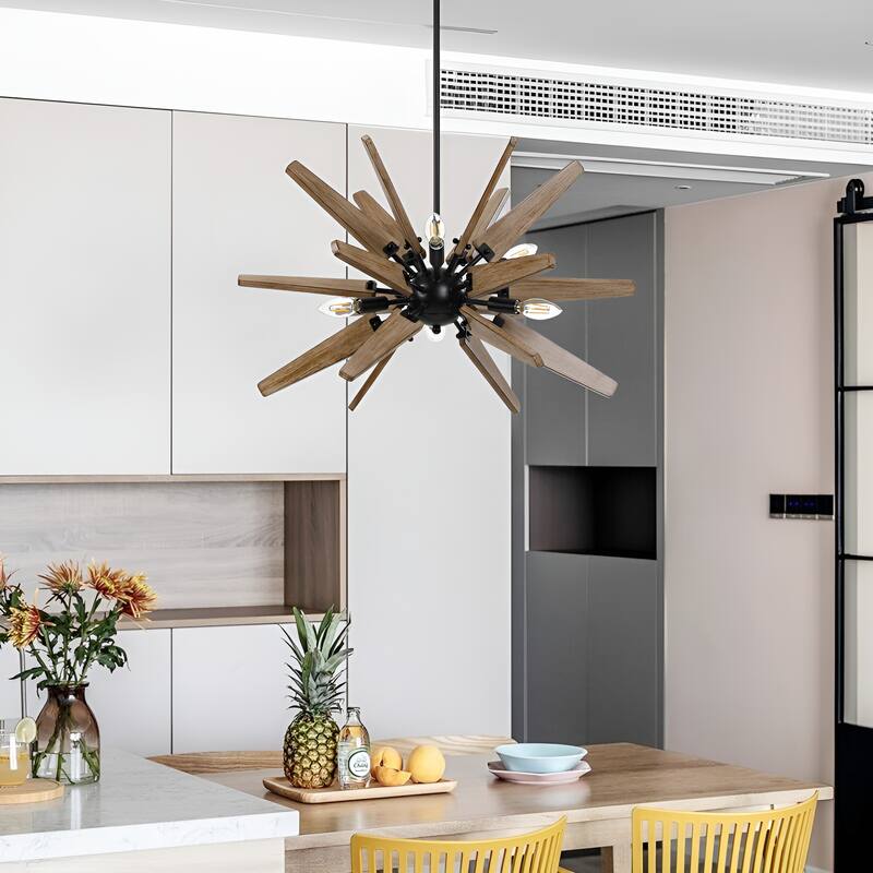 6 - Light Natural Metal Wood Sputnik Sphere Chandelier