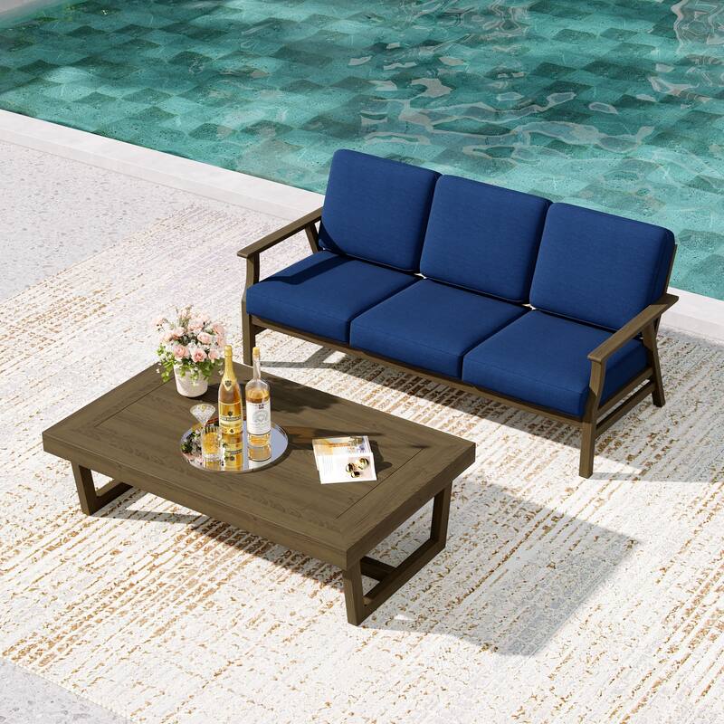 2-Piece Teak Outdoor Sofa Set with Table - Navy/coffee table - Brown Wood
