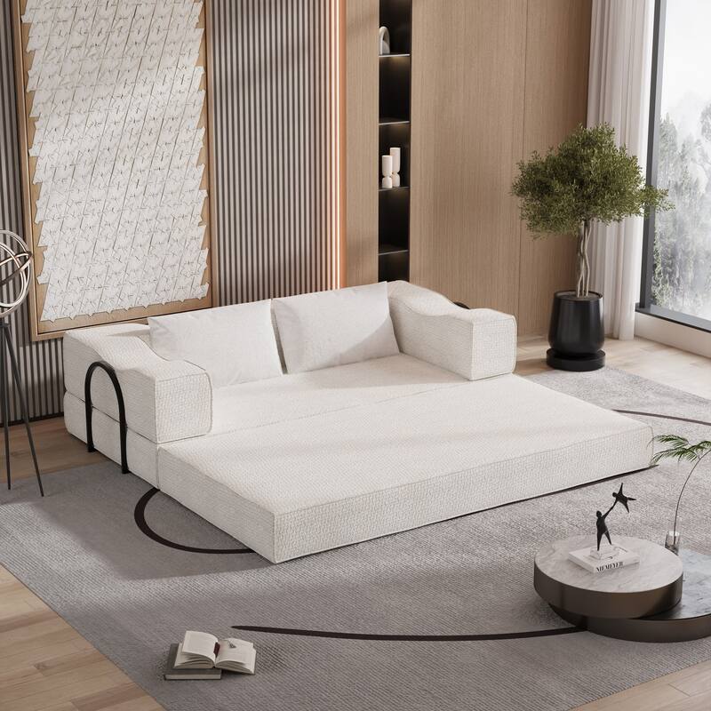 80" Convertible Sofa Bed with 2 Pillows, 2-Seat Folding Floor Couch, Multifunctional Chenille Loveseat Living Room Sleeper Sofa