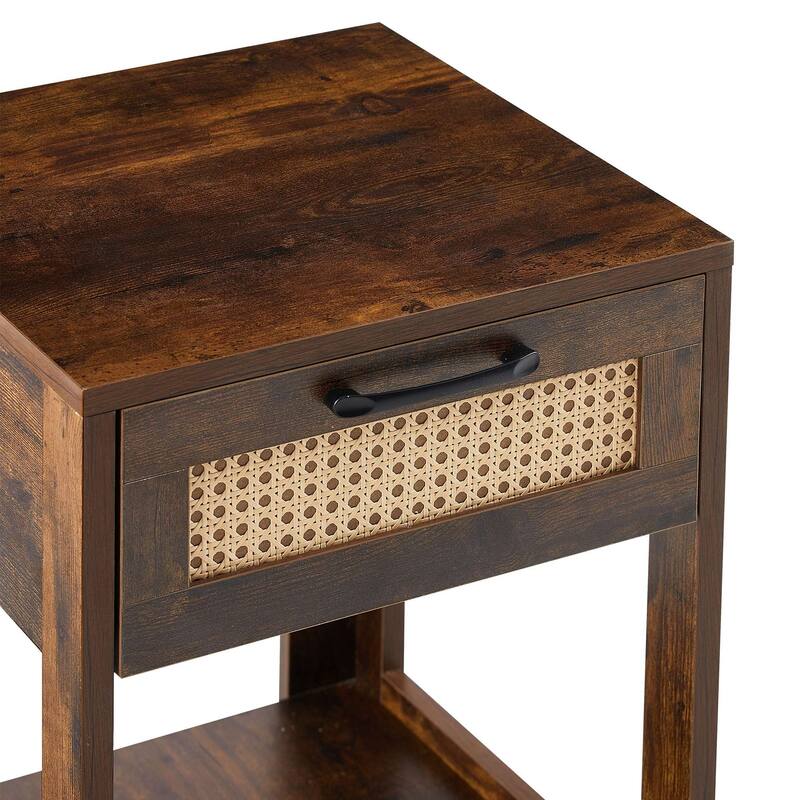 15.75" Rattan 1-Drawer Nightstand with Power Outlet & USB Ports