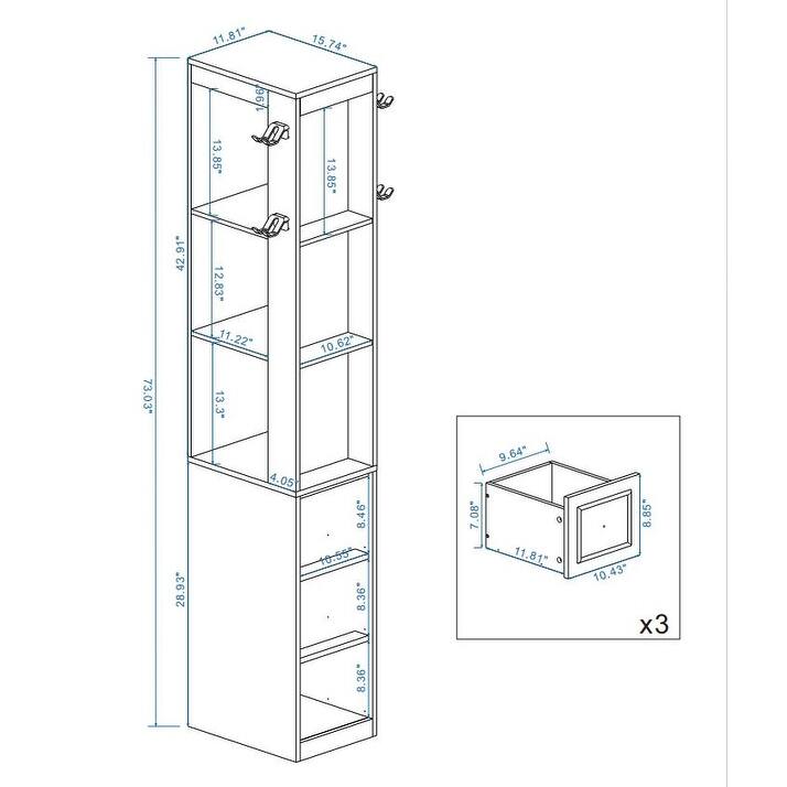 73'' Tall Slim Storage Cabinet with 3 Drawers, Hooks & 3-Tier Shelves, Media Tower for Books, CDs, DVDs, Games & Consoles