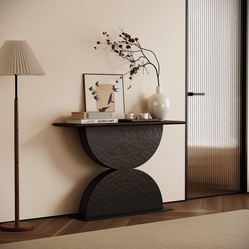 47" Double Semi-Circles 3D Hammer-Shaped Texture Base Wood Console Table with LED Light