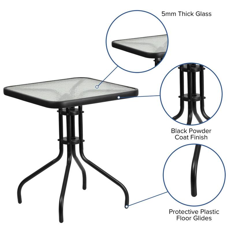 23.5" Square Tempered Glass Metal Table with Smooth Ripple Design Top